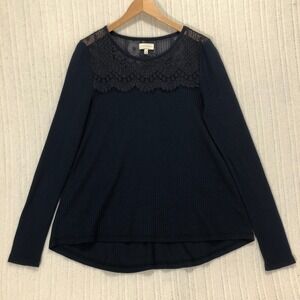 Lucky Brand Lace Top Long Sleeve Ribbed‎ Knit Blouse Casual Navy Blue M